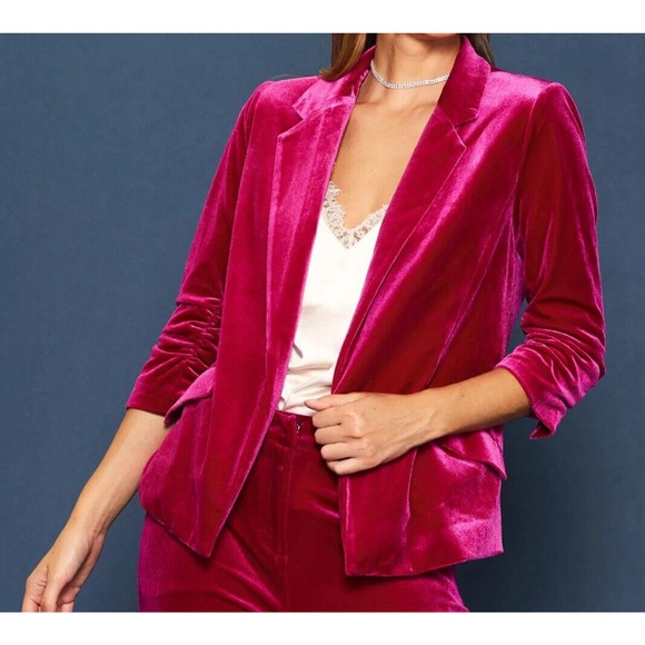 Skies Are Blue Jackets & Blazers - Skies are Blue Curvy Velvet Blazer Jacket Womens 2X Magenta 3/4 Ruched Sleeve